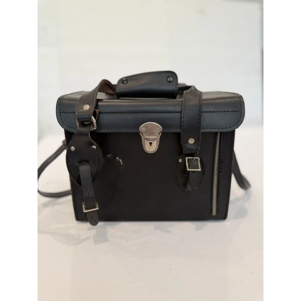 Vintage Large Black Leather Camera Hard Case w/ compartments & handle Japan Y2K